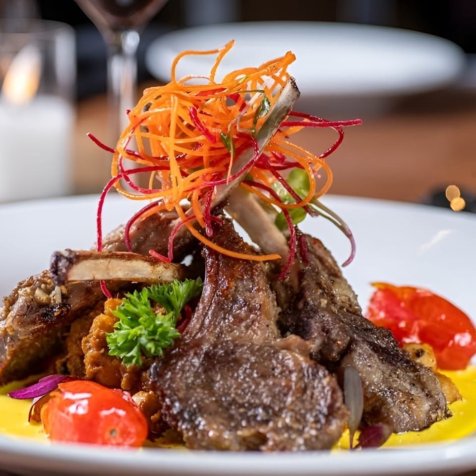 Grilled lamb chops with colorful shredded vegetables, cherry tomatoes, and yellow sauce on a white plate.