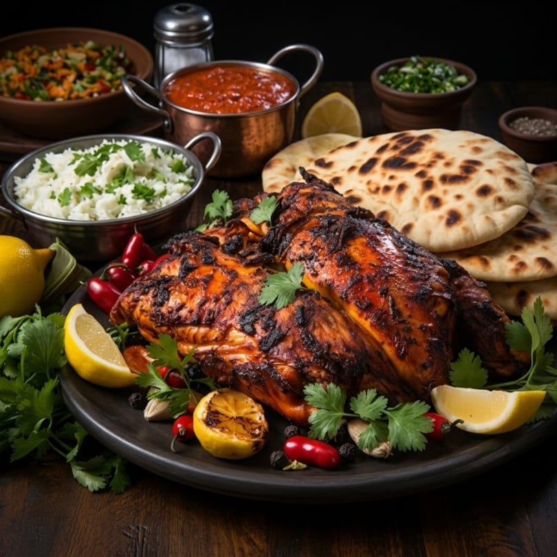 Whole grilled chicken, naan, rice, and sauce, garnished with lemon and cilantro on a dark table.