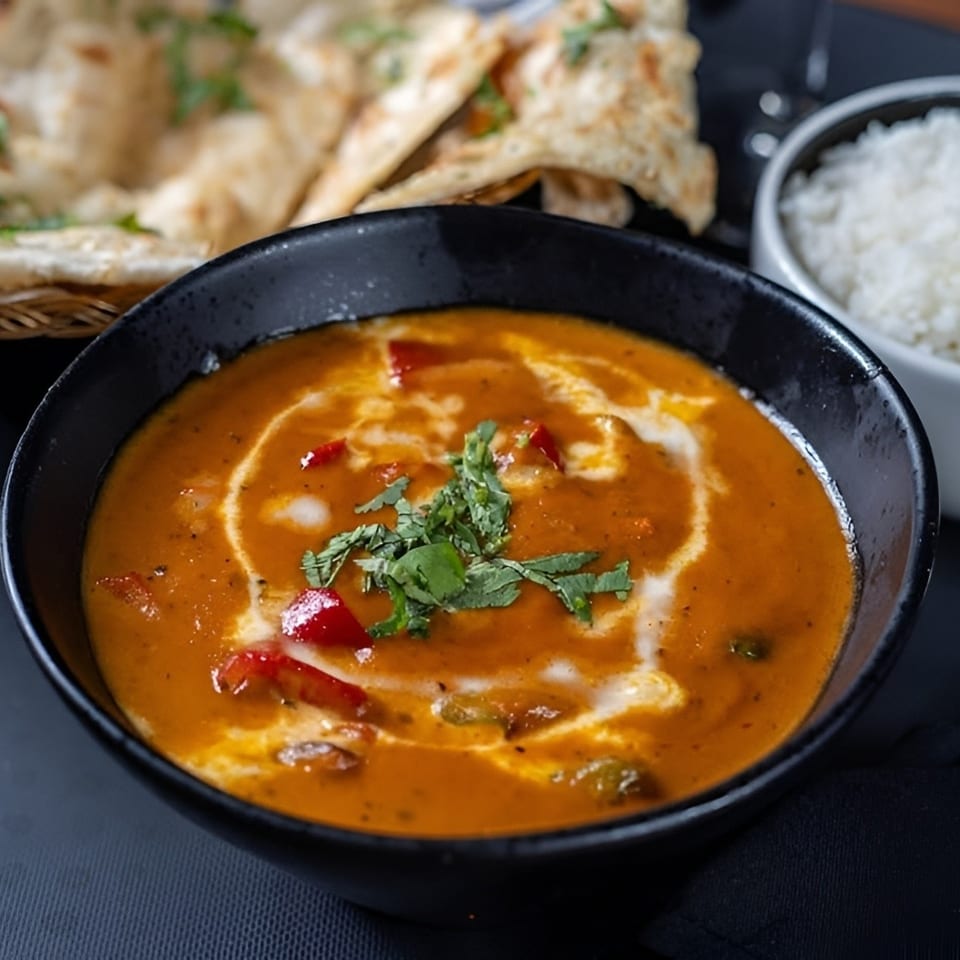 Indian curry with red peppers and cilantro, served with naan bread and white rice.